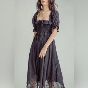 ISLAMARA - Black Square Neck Ruffled Smocked Sleeve Midi Dress Size M